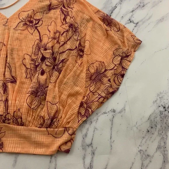 Free People One Dance Crop Top Size XS Coral Orange Purple Floral Knot Tropical - Picture 9 of 10